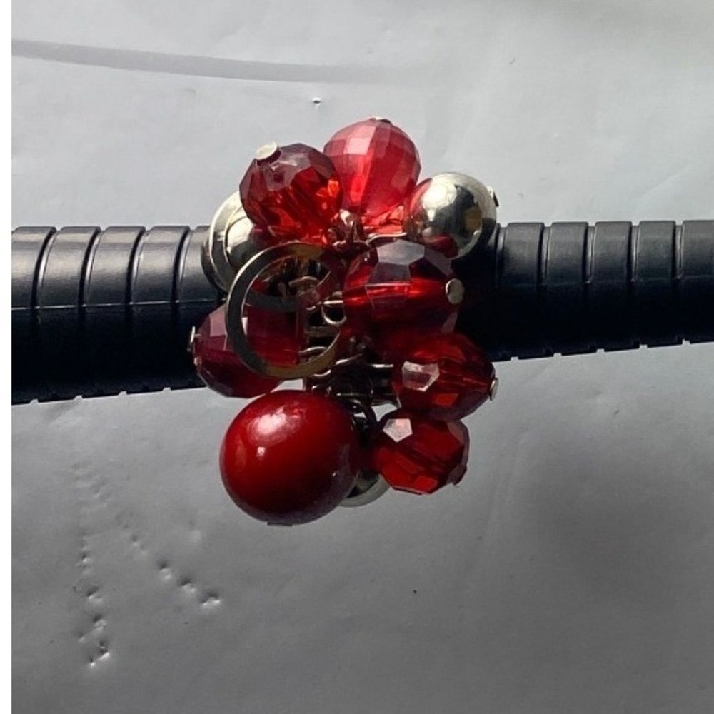 Chunky Beaded Statement Ring Red & Silver Tone Stretched
